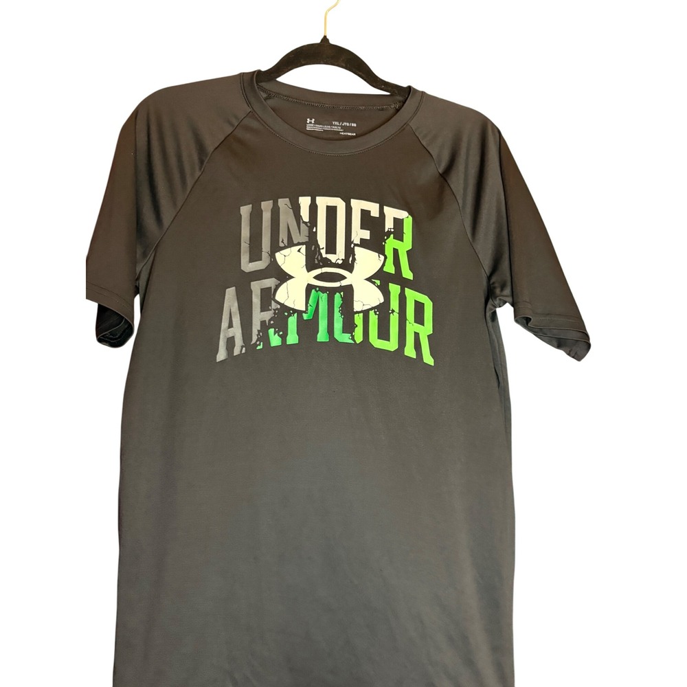 Under‎ Armour Youth T Shirt Size YXL Heatgear Black Logo Athletic Tee